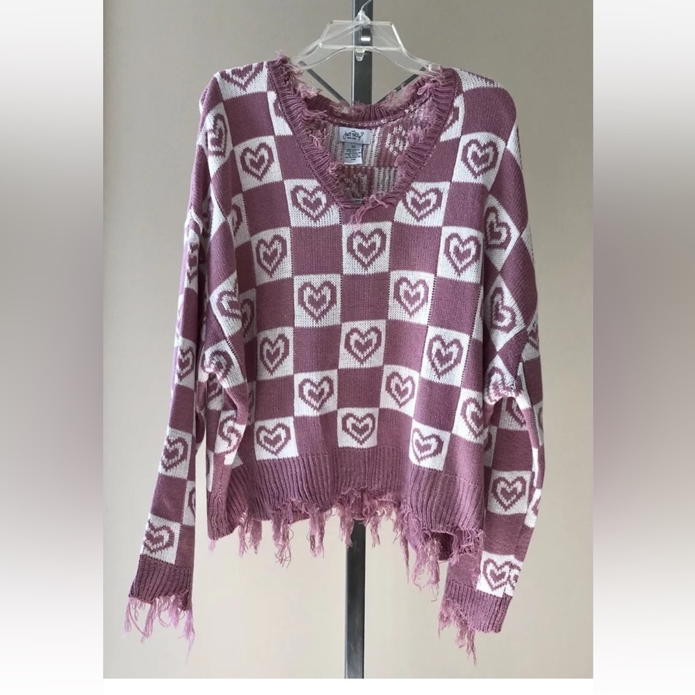 Just Polly New York Sweater Juniors Plus size 2x Knit Hearts Destructed V-neck